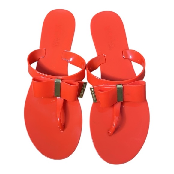 Michael Kors Red Jelly Thong Flat Sandals with Bow and Gold Detail - Picture 1 of 13